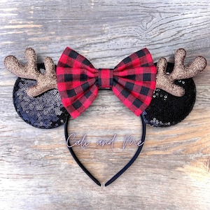 Buffalo Plaid Christmas Ears, Reindeer Ears, Buffalo Plaid Ears, Christmas Minnie Ears, Holiday Minnie Ears, Red plaid Minnie Ears