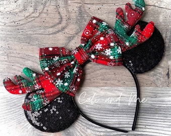 Christmas Plaid Minnie Ears, Reindeer Ears, Reindeer Mickey Ears, Reindeer Minnie Ears,  Reindeer Mouse Ears, Christmas Minnie Ears,
