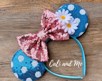 Disney Turquoise Polka Dot Minnie Mouse Sequin Ear Headband with Daisy DLR - Minnie Timeless Sequin Ear Aqua Polka Dot Bow Flower  main image 3