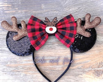 Rudolph Minnie Mouse Ears, Minnie Reindeer Ears, Buffalo Plaid Mouse Ears, Disney Christmas Ears, Holiday Minnie Ears,Minnie Mouse Ears