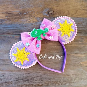 Rapunzel Sun Minnie Ears Pascal Headband, Tangled Inspired Mickey Ears, Floral Bow
