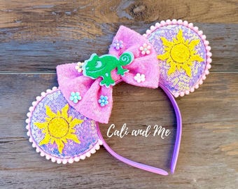 Rapunzel Sun Minnie Ears Pascal Headband, Tangled Inspired Mickey Ears, Floral Bow