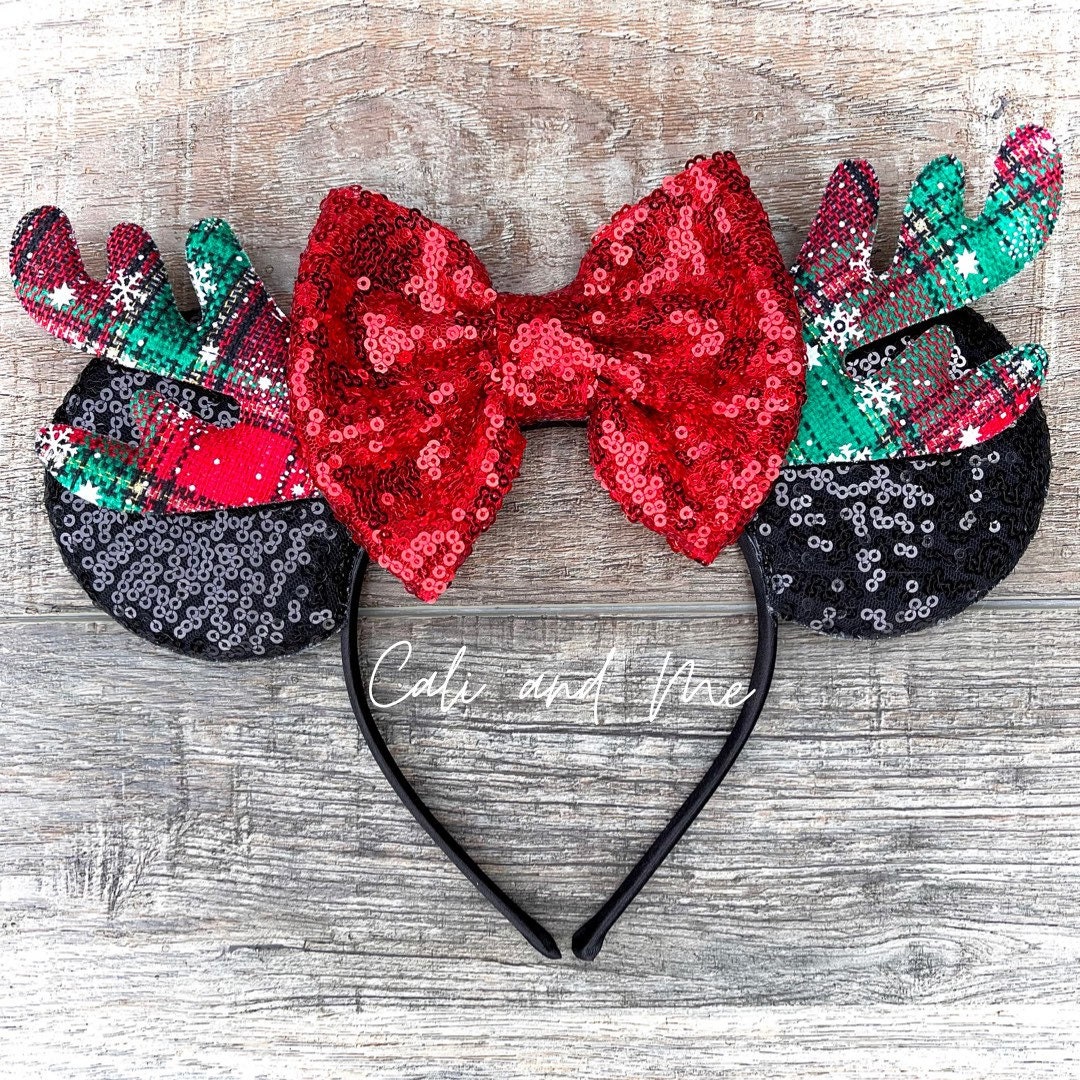 Christmas Plaid Minnie Ears, Reindeer Ears, Reindeer Mickey Ears