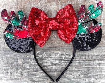 Christmas Plaid Minnie Ears, Reindeer Ears, Reindeer Mickey Ears, Reindeer Minnie Ears,  Reindeer Mouse Ears, Christmas Minnie Ears,