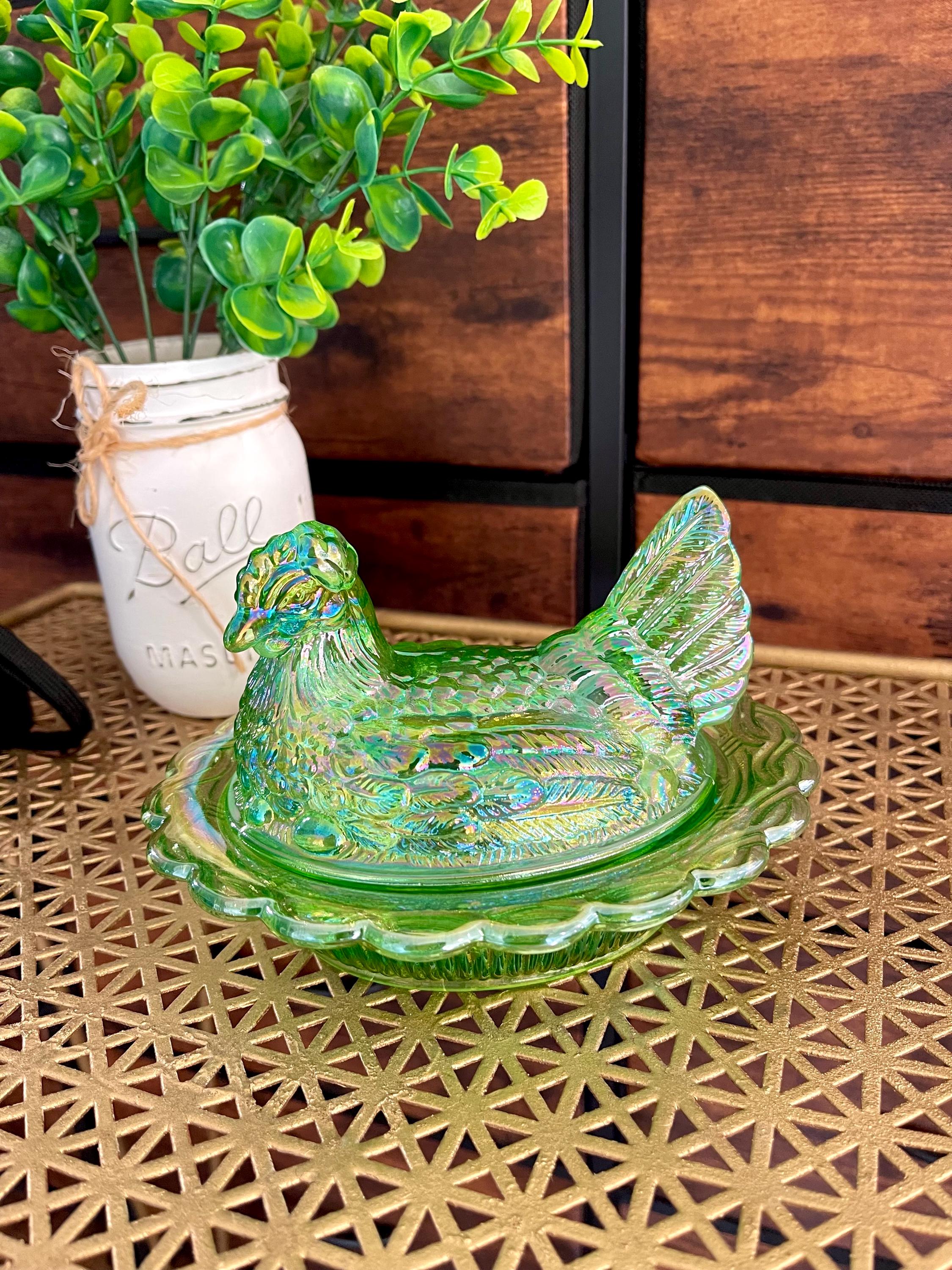 Hen on nest, Hen on Nest Glass, Chicken Decor, Candy dish, Nesting hen, Glass Hen, Vintage Reproduction Candy Dish, Trinket, Mosser Hen