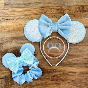 Sky Blue Mouse Ears, Velvet Mickey Ears, Sky Blue Ears, Blue Mickey Ears, Princess Mouse Ears, Minnie Ears, Mouse Ears,Mickey Ears Scrunchie