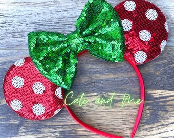 Christmas Polka Dot Minnie Ears, Minnie Mouse Ears, Polka Dot Minnie Ears, Polka Dot Mickey Ears, Polka Dot Ears, Red and Green Polka Dot