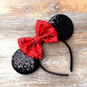 Women Red Polka Dots Festive Shiny Bow Sequin Mickey Mouse Headband Red Polka Dot Christmas Ears: Sequin Bow Minnie Mouse  main image 3