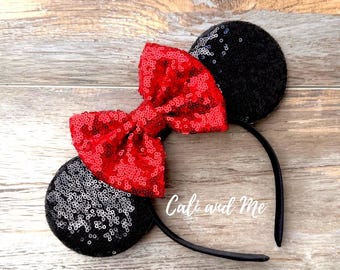 Red Sequin Mickey Ears Disney Minnie Mouse Headband for Women Red Mouse Ears Headband for Adults Disney Magic Kingdom Ears, Minnie Ears