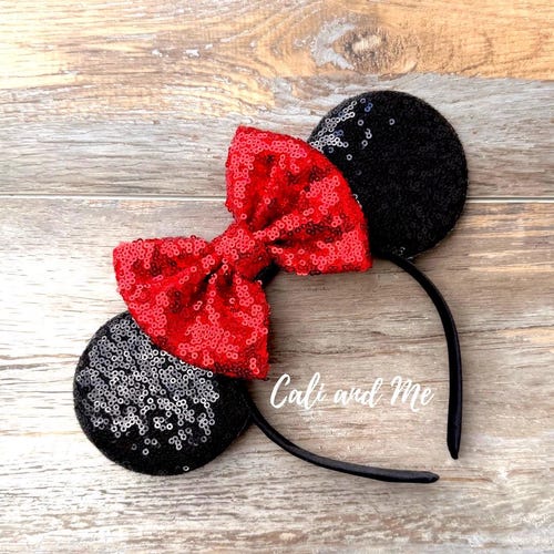 Women Red Leopard black Sequin Handmade Mickey Mouse Headband 2 Pieces Gifts by RD, Red Sparkle Minnie Ears Headband, Handmade, One  main image 4