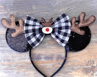 Buffalo Plaid Christmas Ears, Reindeer Ears, Buffalo Plaid Mouse Ears, Disney Christmas Ears, Holiday Minnie Ears,Minnie Mouse Ears Headband