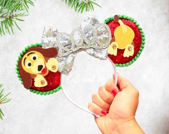 Slinky Inspired Christmas Ears Toy Story Headband Red and Green Mouse Ears, Dog Slinky Rhinestone Ears Theme Park Vacation