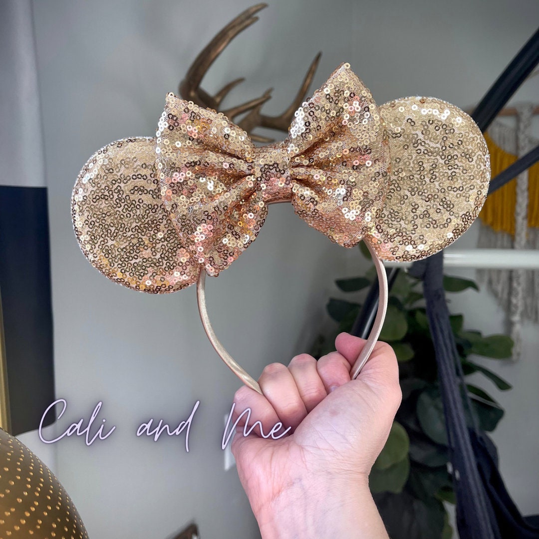 Disney Rose Gold Sequin Minnie Ear Headband with Shimmer Bow Rose Gold and Blush Minnie Bow, Mouse Ears Headband, Minnie  main image 4
