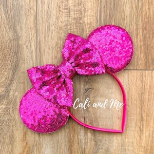 Hot Pink Minnie Ears Headband Fuchsia Pink Sequin Mickey Mouse Ears Disney Birthday Vacation Sparkly Mouse Ears