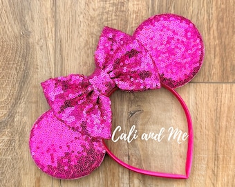 Hot Pink Minnie Ears Headband Fuchsia Pink Sequin Mickey Mouse Ears Disney Birthday Vacation Sparkly Mouse Ears