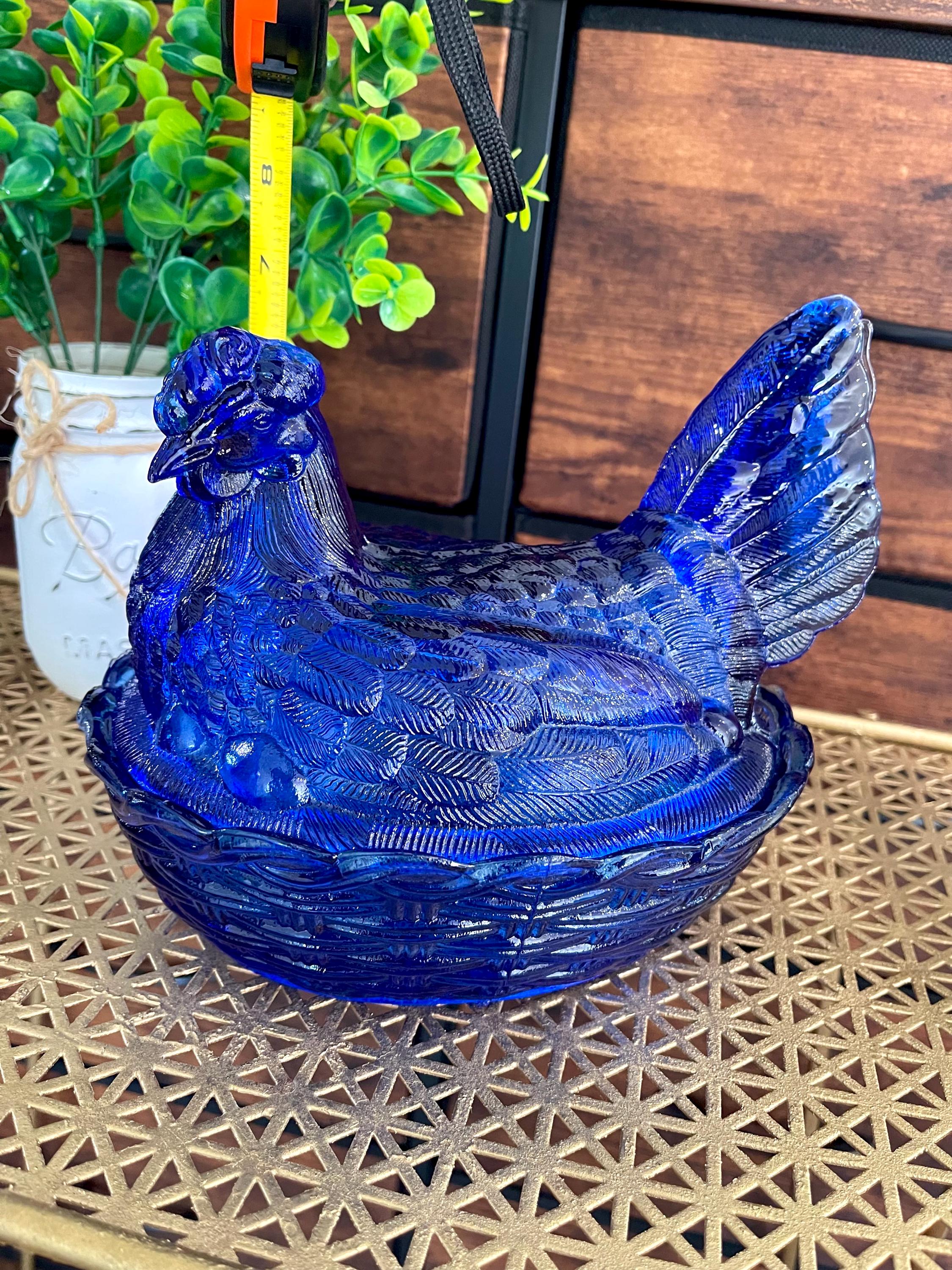 Large Hen on Nest, Colbalt Blue, Vintage Glass, Chicken Decor