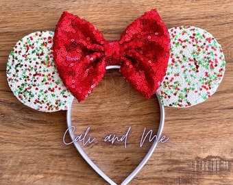 Red Christmas Confetti Glitter Ears, Christmas Minnie Ears, Christmas Mickey Ears, Holiday Ears, Holiday Mickey Ears, Mouse Ears