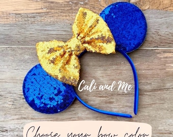 Blue Mickey Ears Headband with Bow, Royal Blue Sequin Mouse Ears for Disneybounding, Blue Minnie Ears Disney Vacation Mouse Ears