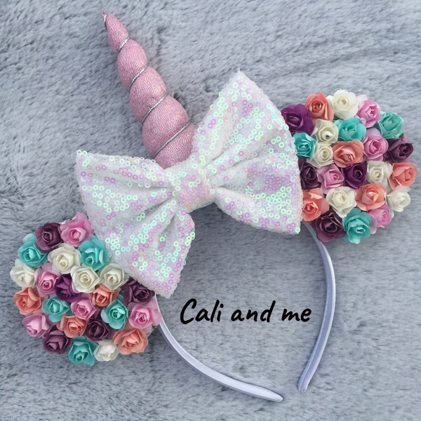 Unicorn Ears, Unicorn Minnie Ears,  Unicorn Mickey Ears, Unicorn Disney Ears, Unicorn Flowers Mouse Ears Headband