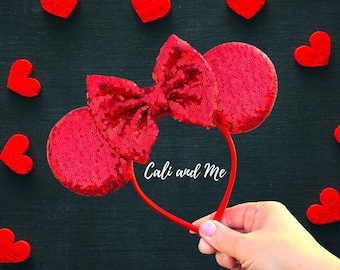 Red Mickey Ears Disney Headband, Red Minnie Ears Disney Hair Accessories Mouse Ears with Bow, Valentines Ears, Cruise Mickey Ears Vacation
