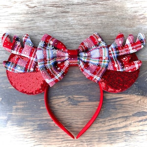 Red Plaid Christmas Ears, Christmas Mickey Ears, Holiday Minnie Mouse Ears, Plaid Minnie Ears Headband, Mickey Reindeer Ears