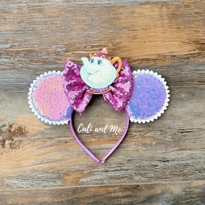 Mrs Potts and Chip Minnie Ears, Beauty and the Beast Mickey Ears, Mrs Potts Ears, Chip Mickey Ears, Belle Mickey Ears, Mrs Pott Mickey Ears Mrs Potts/Purple Ear