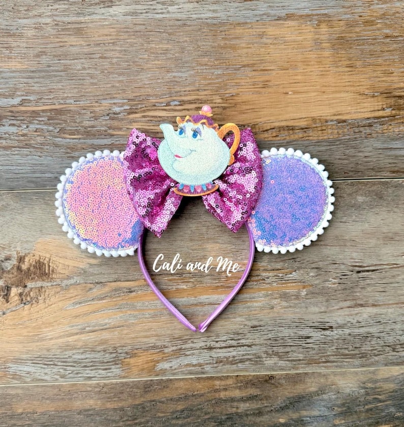 Mrs Potts and Chip Minnie Ears, Beauty and the Beast Mickey Ears, Mrs Potts Ears, Chip Mickey Ears, Belle Mickey Ears, Mrs Pott Mickey Ears Mrs Potts/Purple Ear
