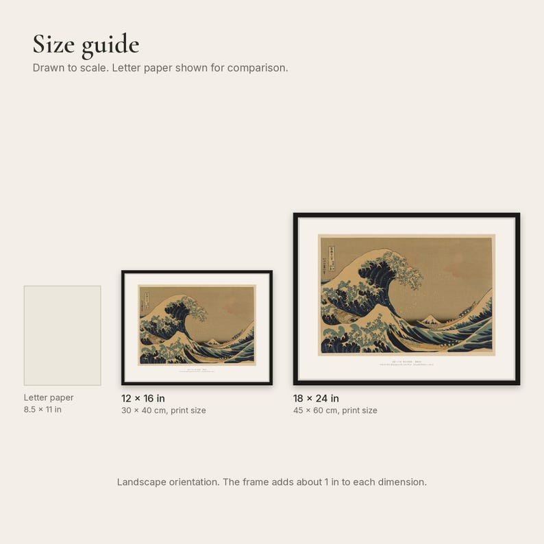 Size comparison of the 12x16 and 18x24 inch framed prints next to a sheet of letter paper