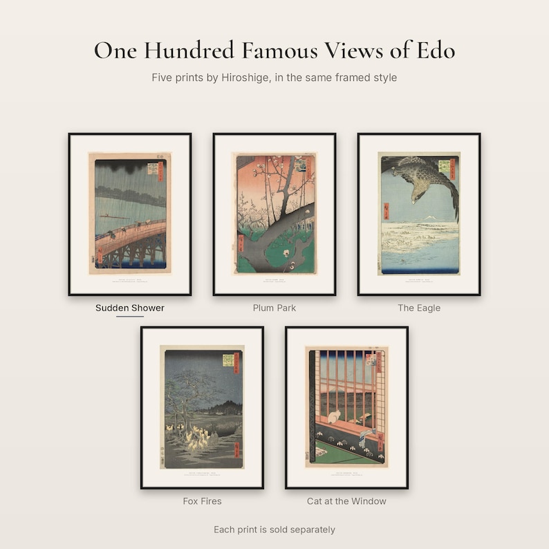 Five prints from Hiroshige's One Hundred Famous Views of Edo in the same framed style, each sold separately