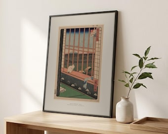 Cat at the Window Framed Print – Hiroshige Ukiyo-e Japanese Woodblock Giclée Art, Ready to Hang