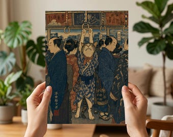 Ukiyo-e Cat Print – Cat Reaching for Train Strap, Japanese Woodblock Style Giclée Poster