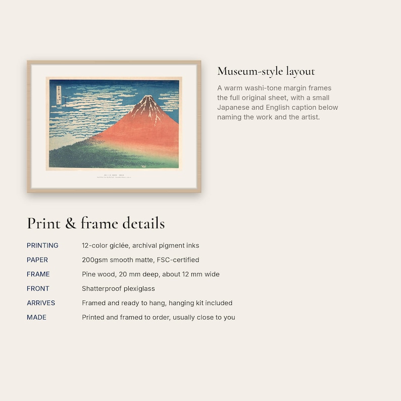 Museum-style layout with a washi-tone margin and a small Japanese and English caption, with print and frame details