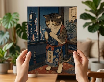 Ukiyo-e Cat Print – Cat Staring at Smartphone, Japanese Woodblock Style Giclée Poster
