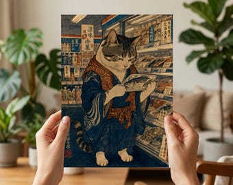 Ukiyo-e Cat Print – Cat Shopping at Convenience Store, Japanese Woodblock Style Giclée Poster