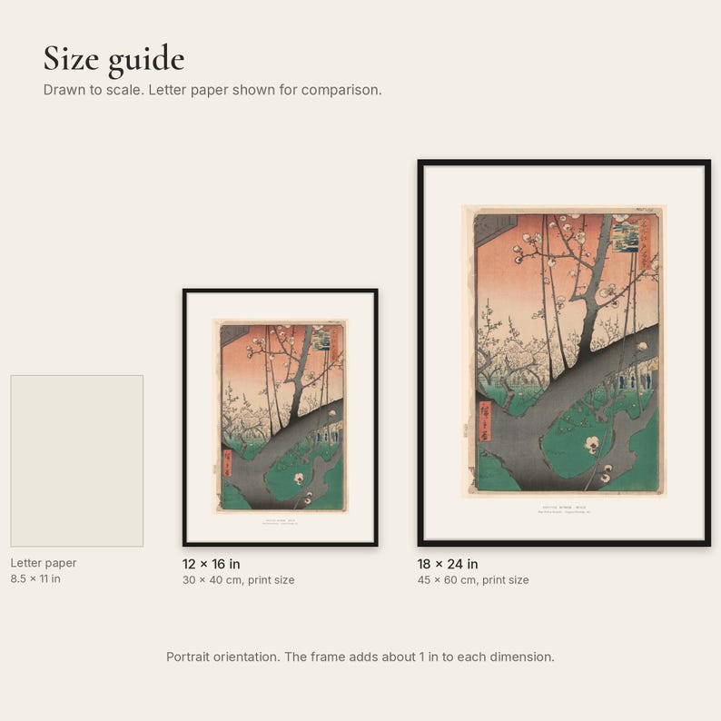 Size comparison of the 12x16 and 18x24 inch framed prints next to a sheet of letter paper