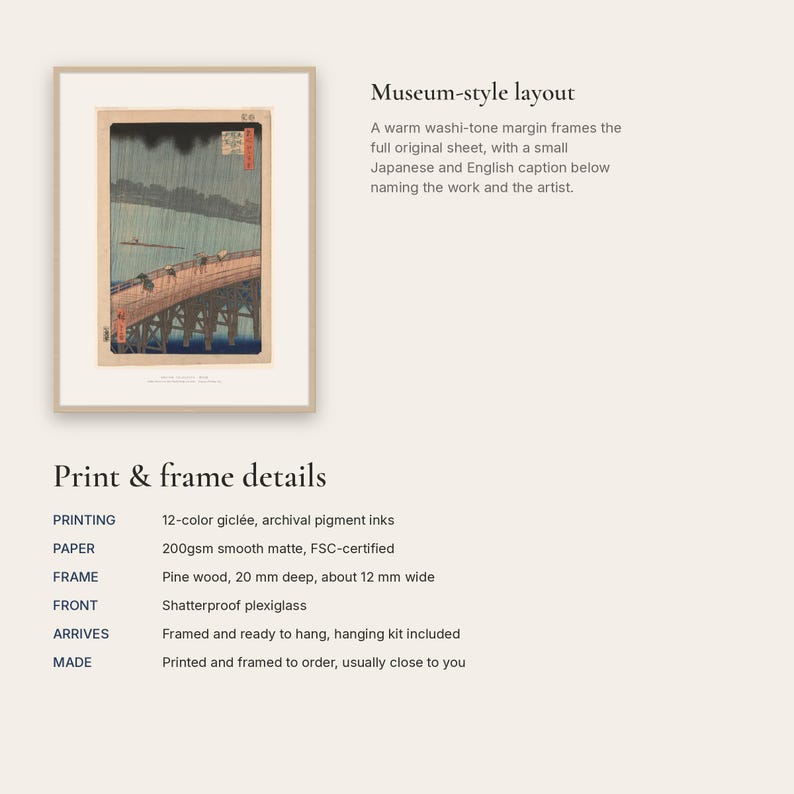 Museum-style layout with a washi-tone margin and a small Japanese and English caption, with print and frame details
