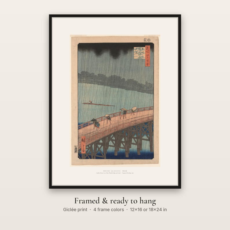 Hiroshige's Sudden Shower in a black frame, ready to hang