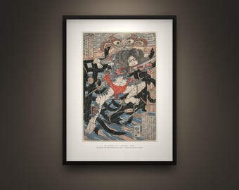 Lámina enmarcada de Zhang Shun – Guerrero tatuado de Kuniyoshi Ukiyo-e, arte japonés en xilografía giclée, lista para colgar.