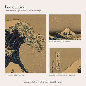 Close-up details of the print: the claw-like crest of the wave, Mount Fuji small in the distance, and the title cartouche with Hokusai's signature