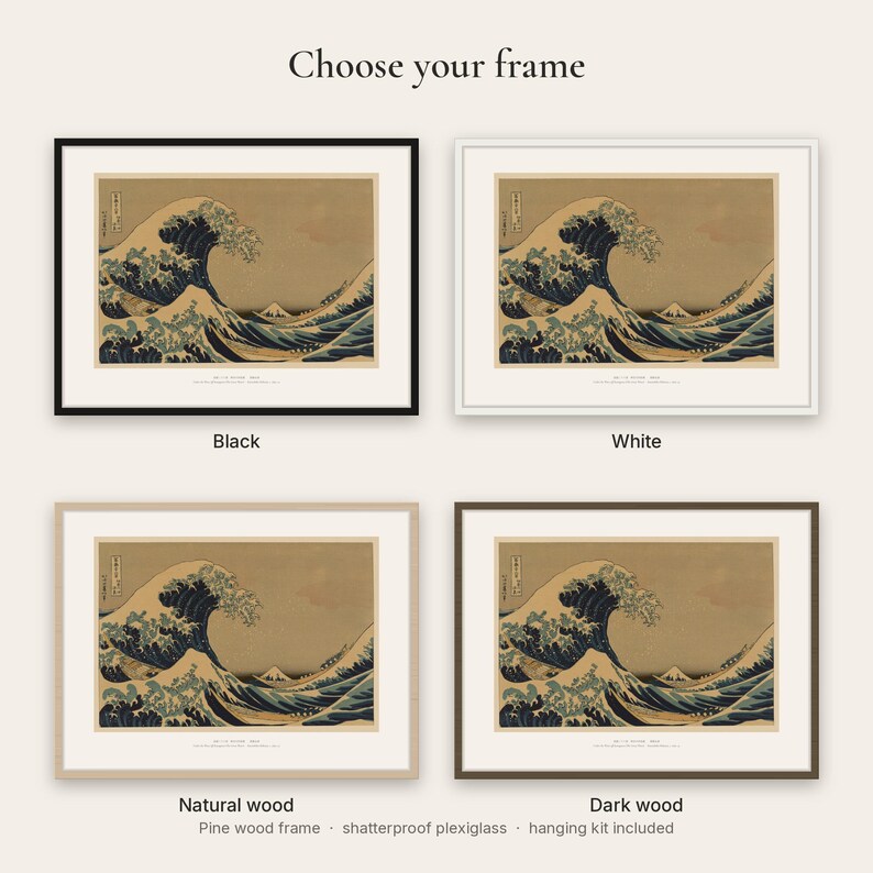 The print shown in the four frame colors: black, white, natural wood and dark wood