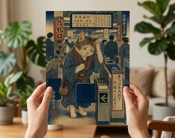Ukiyo-e Cat Print – Cat at Train Ticket Gate, Japanese Woodblock Style Giclée Poster