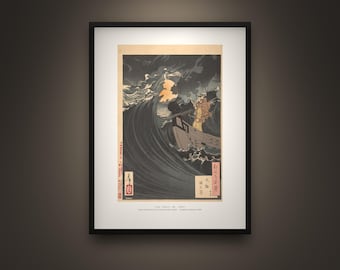 Benkei and the Moon Framed Print – Yoshitoshi Ukiyo-e Warrior Monk at Sea, Japanese Woodblock Giclée Art, Ready to Hang
