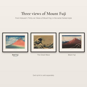 Three views of Mount Fuji from Hokusai's Thirty-six Views of Mount Fuji in the same framed style: Red Fuji, The Great Wave and Black Fuji, each sold separately