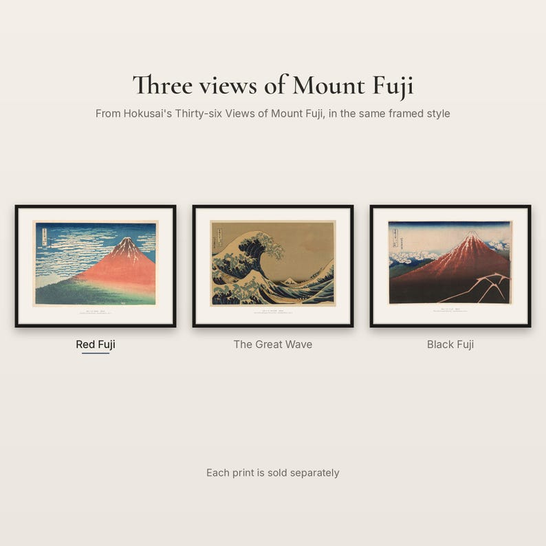 Three views of Mount Fuji from Hokusai's Thirty-six Views of Mount Fuji in the same framed style: Red Fuji, The Great Wave and Black Fuji, each sold separately