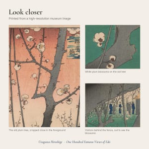 Close-up details of the print: the old plum trunk with white blossoms, a branch in bloom, and visitors behind the fence