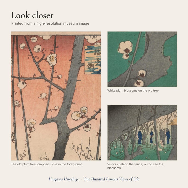 Close-up details of the print: the old plum trunk with white blossoms, a branch in bloom, and visitors behind the fence