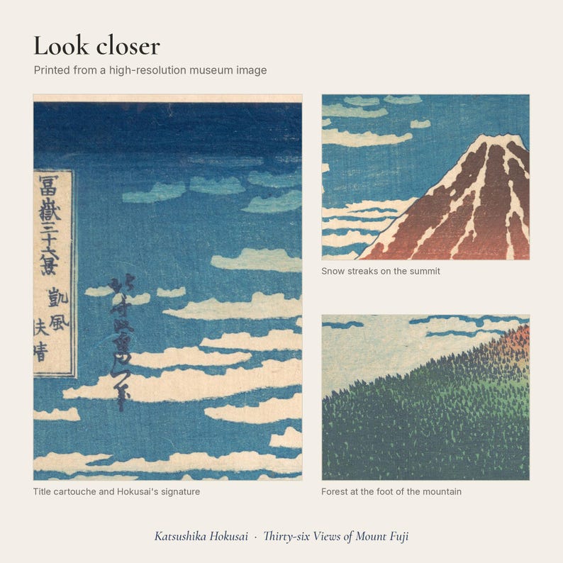 Close-up details of the print: the title cartouche with Hokusai's signature, the snow streaks on the summit, and the forest at the foot of the mountain