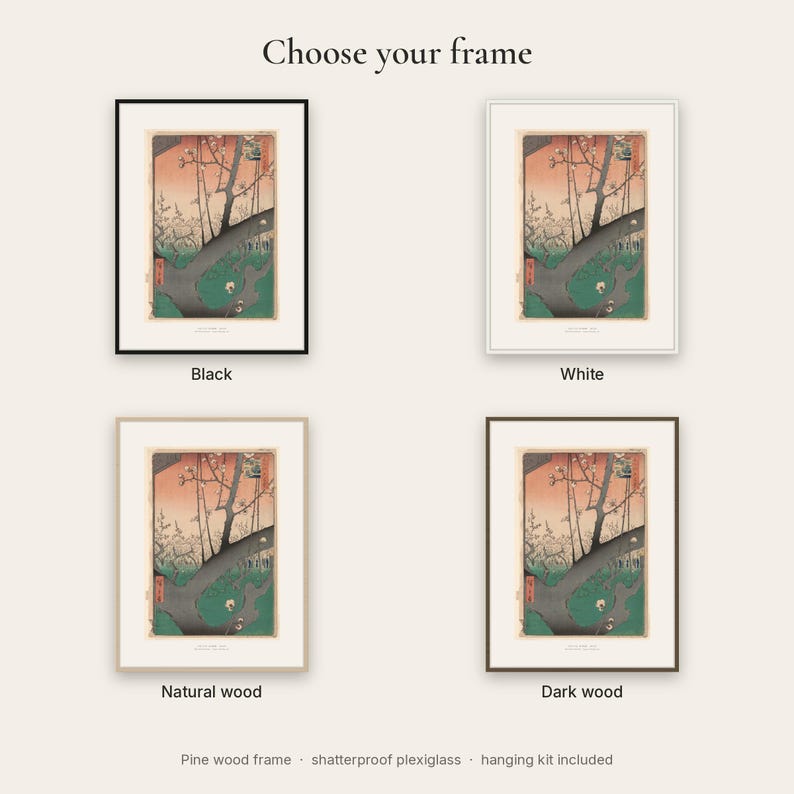 The print shown in the four frame colors: black, white, natural wood and dark wood