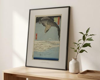 Adler über Fukagawa – Gerahmter Druck – Japanischer Ukiyo-e-Holzschnitt von Hiroshige, fertig zum Aufhängen