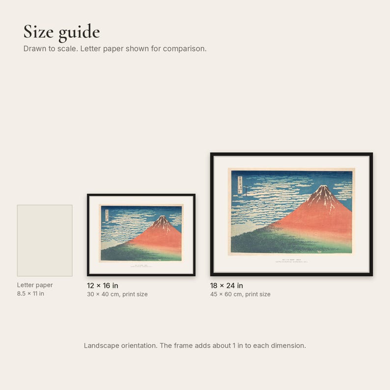 Size comparison of the 12x16 and 18x24 inch framed prints next to a sheet of letter paper